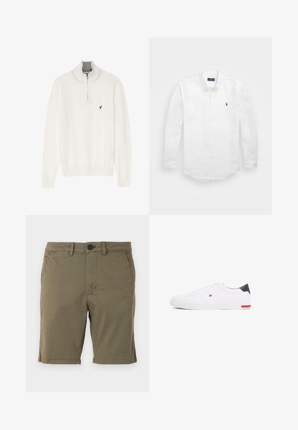 Suéter blanco de cuello con cremallera gris, con mangas largas y un pequeño logo de un pájaro azul en el pecho. Textura suave y lisa.; Camisa blanca de manga larga de algodón con cuello abotonado, que presenta un pequeño logo en azul marino en el lado izquierdo del pecho y un cierre clásico de botones.; Pantalones cortos verde olivo confeccionados en tejido de mezcla de algodón, con cierre de botón, bolsillos frontales y un dobladillo inferior con sutiles detalles de costura.; Zapatillas bajas blancas de piel suave. Presentan una capucha en el talón de color marino y un acento rojo en la suela. Seis ojales para los cordones.