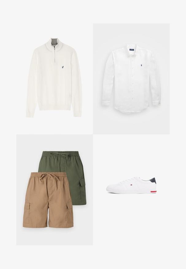 Bílý svetr s šedým zipem na límci, s dlouhými rukávy a malým modrým logem ptáčka na hrudi. Měkká, hladká textura.; Bílá košile s dlouhými rukávy vyrobená z bavlny, s límcem na knoflíky, obsahující malou námořnickou logo na levé části hrudi a klasickým zapínáním na knoflíky.; Dvě dvojice cargo šortek; jedny béžové, jedny zelené. Každé mají elastický pás, šňůrku na stažení a boční kapsy. Hladká textilní textura.; Bílé nízké tenisky vyrobené z hladké kůže. Mají tmavě modrý opatek a červený akcent na podrážce. Šest ok pro tkaničky.