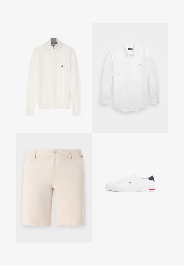 Suéter blanco de cuello con cremallera gris, con mangas largas y un pequeño logo de un pájaro azul en el pecho. Textura suave y lisa.; Camisa blanca de manga larga de algodón con cuello abotonado, que presenta un pequeño logo en azul marino en el lado izquierdo del pecho y un cierre clásico de botones.; Pantalones cortos beige de tela suave; cuentan con un cierre de botón, presillas para cinturón y un diseño frontal limpio con aberturas de pierna recta.; Zapatillas bajas blancas de piel suave. Presentan una capucha en el talón de color marino y un acento rojo en la suela. Seis ojales para los cordones.