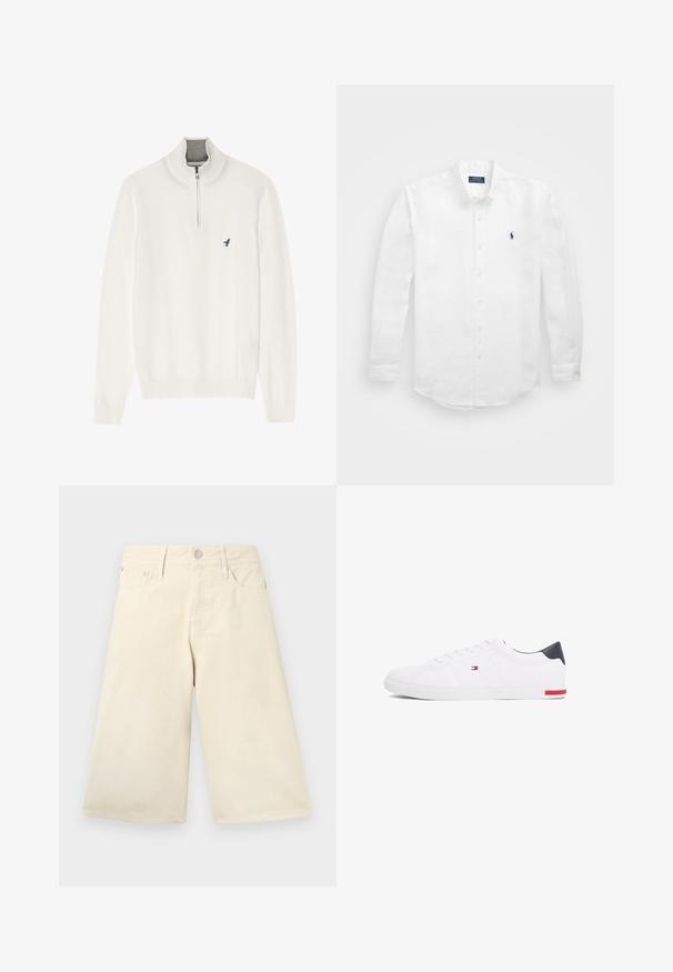 Maglione bianco con colletto grigio a zip, dotato di maniche lunghe e un piccolo logo di un uccellino blu sul petto. Texture morbida e liscia.; Camicia bianca a maniche lunghe in cotone con colletto impunturato, caratterizzata da un piccolo logo blu navy sul lato sinistro del petto e chiusura con bottoni classica.; Pantaloni corti beige a gamba larga in cotone con un classico design a cinque tasche, dotati di un bottone metallico argento e chiusura con zip frontale.; Sneakers bianchi a punta bassa realizzati in pelle liscia. Presentano una tomaia blu navy sul tallone e un accento rosso sulla suola. Sei occhielli per i lacci.