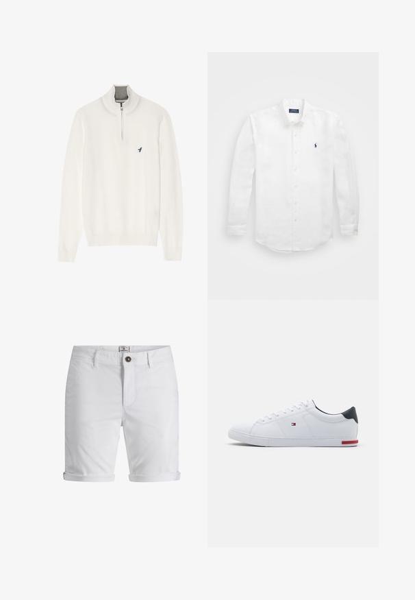 White pullover sweater with a grey zip collar, featuring long sleeves and a small blue bird logo on the chest. Soft, smooth texture.; White long-sleeve shirt made of cotton with a button-down collar, featuring a small navy logo on the left chest and classic button fastening.; White cotton shorts with a rolled hem, featuring a button closure, front pockets, and a textured fabric. Standard fit design.; White leather sneaker with a smooth texture, round toe, lace-up design, and a small navy heel accent with a red detail on the sole.