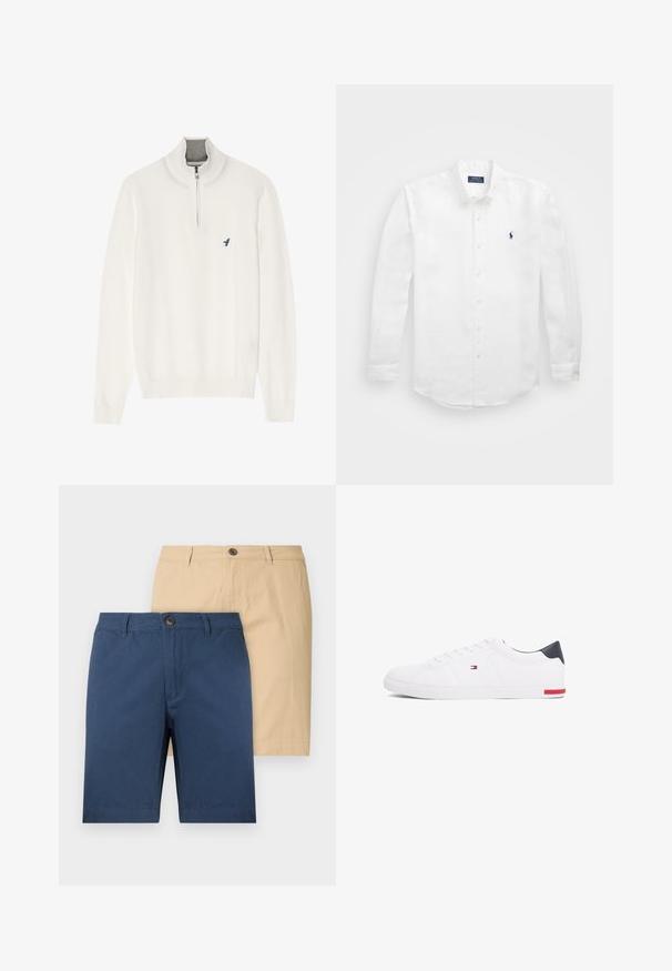 Suéter blanco de cuello con cremallera gris, con mangas largas y un pequeño logo de un pájaro azul en el pecho. Textura suave y lisa.; Camisa blanca de manga larga de algodón con cuello abotonado, que presenta un pequeño logo en azul marino en el lado izquierdo del pecho y un cierre clásico de botones.; Dos pares de pantalones cortos: uno azul marino y otro beige. Hechos de una tela suave, cuentan con cierres de botón y un diseño recto.; Zapatillas bajas blancas de piel suave. Presentan una capucha en el talón de color marino y un acento rojo en la suela. Seis ojales para los cordones.