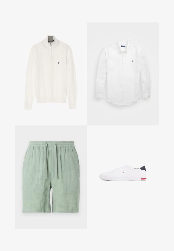 Biely sveter s šedým zipsom na golieri, s dlhými rukávmi a malým modrým logom vtáka na hrudi. Mäkka, hladká textúra.; Biela košeľa s dlhým rukávom vyrobená z bavlny, so golierom na gombíky, s malým námorníckym logom na ľavej hrudi a klasickým zapínaním na gombíky.; Svetlozelené bavlnené šortky s elastickým pásom a šnúrkou. Textúrovaná, mierne zvrásnená tkanina s bočnou kapsou.; Biele nízkoprevádzkové tenisky vyrobené z hladkej kože. Majú námornícke zadočnú časť a červený akcent na podrážke. Šesť dierok na šnúrky.