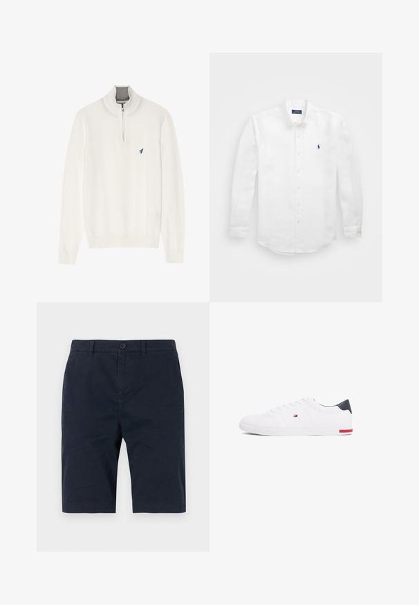 White pullover sweater with a grey zip collar, featuring long sleeves and a small blue bird logo on the chest. Soft, smooth texture.; White long-sleeve shirt made of cotton with a button-down collar, featuring a small navy logo on the left chest and classic button fastening.; Navy blue shorts made of lightweight material, featuring a front button closure, belt loops, and side pockets. Smooth texture with clean lines.; White low-top sneakers made of smooth leather. Features a navy heel cap and a red accent on the sole. Six eyelets for laces.