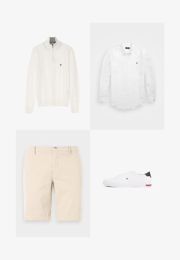 Bela pulover jopica z sivo zadrgo na ovratniku, dolgimi rokavi in majhnim modrim ptičem logotipom na prsih. Mehak, gladek material.; Bela srajca z dolgimi rokavi iz bombaža z ovratnikom na gumb, ki ima majhen mornarsko moder logotip na levi prsni strani in klasično zapiranje na gumbe.; Bež bombažne kratke hlače z ravnim sprednjim delom, zadrgo, gumbom in stranskimi žepi. Gladka tekstura in zasnova do kolen.; Beli nizki športni čevlji iz gladkega usnja. Imajo mornarsko modro zaščito na peti in rdeč poudarek na podplatu. Šest lukenj za vezalke.