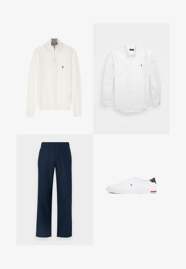 Maglione bianco con colletto grigio a zip, dotato di maniche lunghe e un piccolo logo di un uccellino blu sul petto. Texture morbida e liscia.; Camicia bianca a maniche lunghe in cotone con colletto impunturato, caratterizzata da un piccolo logo blu navy sul lato sinistro del petto e chiusura con bottoni classica.; Pantaloni a gamba larga blu navy con vita elastica, dotati di due tasche frontali e una texture di tessuto liscia e leggera.; Sneakers bianchi a punta bassa realizzati in pelle liscia. Presentano una tomaia blu navy sul tallone e un accento rosso sulla suola. Sei occhielli per i lacci.