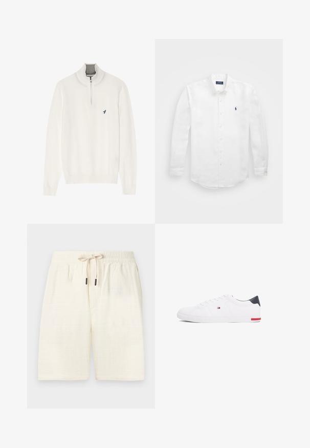 Suéter blanco de cuello con cremallera gris, con mangas largas y un pequeño logo de un pájaro azul en el pecho. Textura suave y lisa.; Camisa blanca de manga larga de algodón con cuello abotonado, que presenta un pequeño logo en azul marino en el lado izquierdo del pecho y un cierre clásico de botones.; Shorts de color crema hechos de un tejido texturizado con un patrón de cuadros. Cuentan con una cinturilla elástica con cordón y dos bolsillos laterales.; Zapatillas bajas blancas de piel suave. Presentan una capucha en el talón de color marino y un acento rojo en la suela. Seis ojales para los cordones.