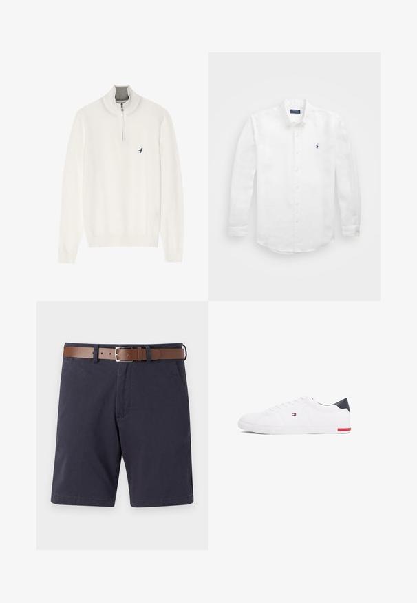 Biały sweter z długim rękawem, z szarym zamkiem przy kołnierzu, z małym logo niebieskiego ptaka na klatce piersiowej. Miękka, gładka tekstura.; Biała koszula z długim rękawem wykonana z bawełny, z kołnierzykiem na guziki, z małym granatowym logo na lewej piersi i klasycznym zapięciem na guziki.; Granatowe szorty wykonane z bawełny z brązowym skórzanym paskiem. Posiadają dwie kieszenie z przodu, prosty krój i gładką teksturę.; Białe niskie tenisówki wykonane z gładkiej skóry. Posiadają granatowy zapiętek i czerwony akcent na podeszwie. Sześć oczek na sznurowadła.