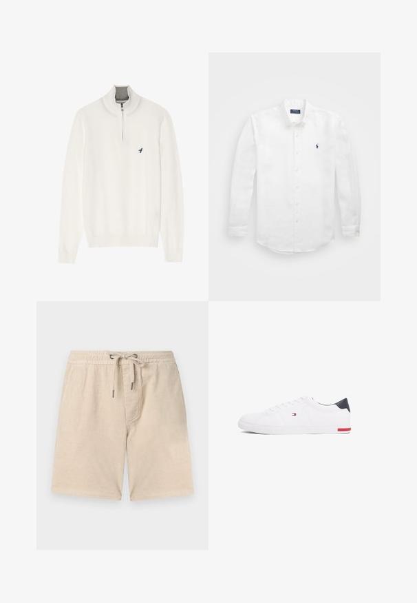 Hvit genser med grå glidelås i kragen, med lange ermer og en liten blå fuglelogo på brystet. Myk, glatt tekstur.; Hvit langermet skjorte laget av bomull med krage som kan kneppes, som har en liten marineblå logo på venstre bryst og klassisk knappefeste.; Beige cordfløyelsshorts med elastisk midje, snøring og sidelommer; har vertikal ribbet tekstur.; Hvite lave sneakers laget av glatt lær. Har en marineblå hælhette og en rød detalj på sålen. Seks hull til lisser.