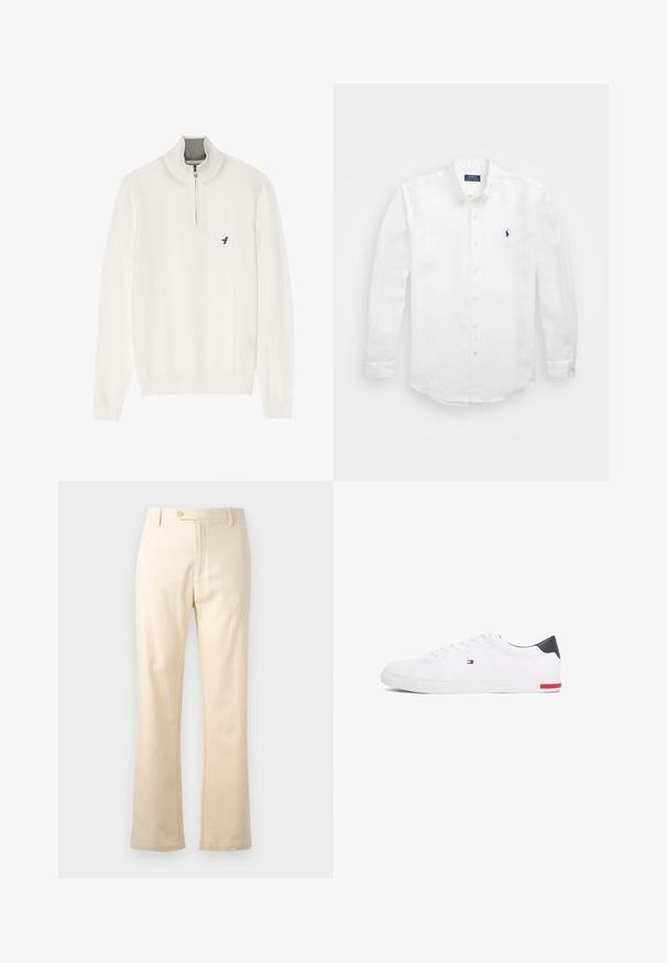 Biały sweter z długim rękawem, z szarym zamkiem przy kołnierzu, z małym logo niebieskiego ptaka na klatce piersiowej. Miękka, gładka tekstura.; Biała koszula z długim rękawem wykonana z bawełny, z kołnierzykiem na guziki, z małym granatowym logo na lewej piersi i klasycznym zapięciem na guziki.; Beżowe bawełniane spodnie o prostym kroju, z zamkiem błyskawicznym i zapięciem na guzik. Czysty design bez widocznych wzorów czy akcentów metalowych.; Białe niskie tenisówki wykonane z gładkiej skóry. Posiadają granatowy zapiętek i czerwony akcent na podeszwie. Sześć oczek na sznurowadła.