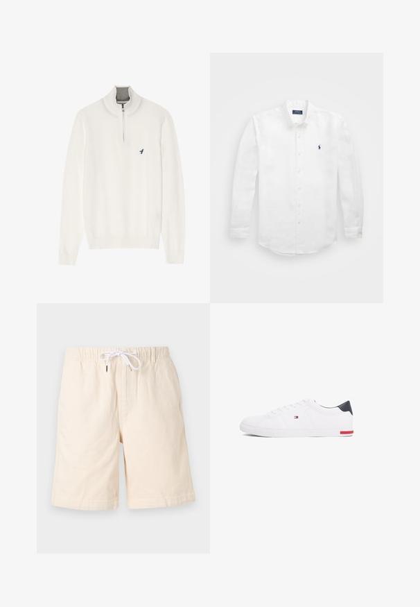 Pull blanc avec un col zippé gris, doté de manches longues et d'un petit logo d'oiseau bleu sur la poitrine. Texture douce et lisse.; Chemise blanche à manches longues en coton avec un col boutonné, affichant un petit logo marine sur la poitrine gauche et un système de fermeture classique par boutons.; Shorts en coton beige avec une coupe décontractée, une taille élastique et un cordon de serrage blanc. Comprend des poches latérales et une texture lisse.; Baskets basses blanches en cuir lisse. Dotées d'un talon en bleu marine et d'un accent rouge sur la semelle. Six œillets pour les lacets.