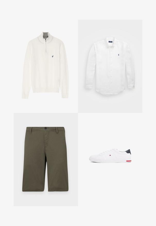 Biely sveter s šedým zipsom na golieri, s dlhými rukávmi a malým modrým logom vtáka na hrudi. Mäkka, hladká textúra.; Biela košeľa s dlhým rukávom vyrobená z bavlny, so golierom na gombíky, s malým námorníckym logom na ľavej hrudi a klasickým zapínaním na gombíky.; Khaki šortky vyrobené z odolnej tkaniny, s plochým predným dielom, pútkami na opasok a zapínaním na gombík; obsahujú dve bočné vrecká a precízne stehy.; Biele nízkoprevádzkové tenisky vyrobené z hladkej kože. Majú námornícke zadočnú časť a červený akcent na podrážke. Šesť dierok na šnúrky.