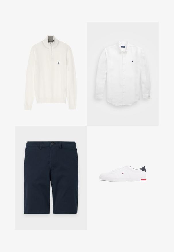 Biały sweter z długim rękawem, z szarym zamkiem przy kołnierzu, z małym logo niebieskiego ptaka na klatce piersiowej. Miękka, gładka tekstura.; Biała koszula z długim rękawem wykonana z bawełny, z kołnierzykiem na guziki, z małym granatowym logo na lewej piersi i klasycznym zapięciem na guziki.; Granatowe szorty z mieszanki bawełny, z zapięciem na guzik, szlufkami na pasek i prostym dołem z minimalnymi detalami.; Białe niskie tenisówki wykonane z gładkiej skóry. Posiadają granatowy zapiętek i czerwony akcent na podeszwie. Sześć oczek na sznurowadła.