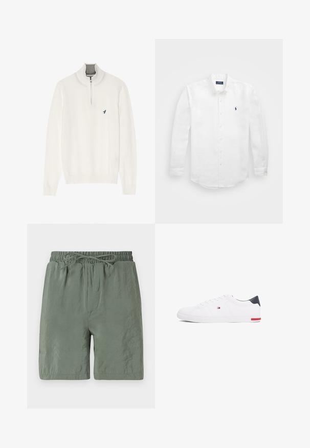 Pulover alb cu guler crem cu fermoar, cu mâneci lungi și un mic logo cu o pasăre albastră pe piept. Textură moale și netedă.; Cămașă albă cu mânecă lungă din bumbac, cu guler butonat, având un mic logo bleumarin pe pieptul stâng și închidere clasică cu butoane.; Șorturi de înot verzi, cu talie elastică și șnur ajustabil, din material ușor și cu o textură netedă. Lungime scurtă, dotate cu buzunare laterale.; Adidași albi cu vârf jos, din piele netedă. Prezintă un toc albastru marine și un accent roșu pe talpă. Șase gauri pentru șireturi.