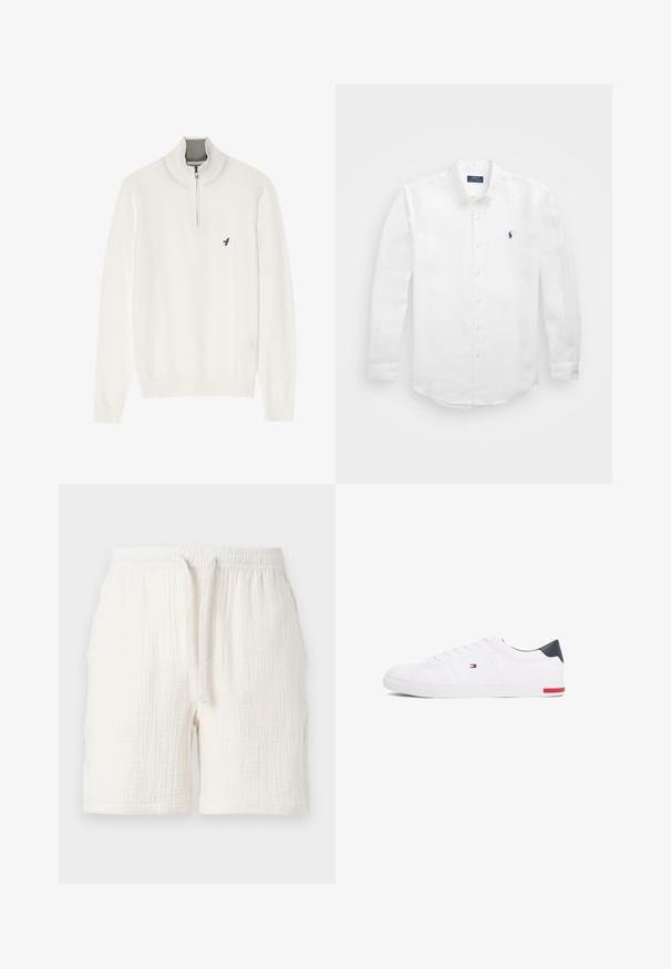 Bílý svetr s šedým zipem na límci, s dlouhými rukávy a malým modrým logem ptáčka na hrudi. Měkká, hladká textura.; Bílá košile s dlouhými rukávy vyrobená z bavlny, s límcem na knoflíky, obsahující malou námořnickou logo na levé části hrudi a klasickým zapínáním na knoflíky.; Lehké, bílé bavlněné šortky s elastickým pasem a šňůrkou, s jemně pomačkanou texturou a volným střihem.; Bílé nízké tenisky vyrobené z hladké kůže. Mají tmavě modrý opatek a červený akcent na podrážce. Šest ok pro tkaničky.