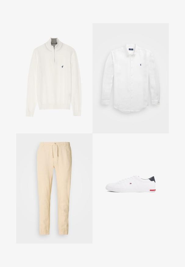 Pull blanc avec un col zippé gris, doté de manches longues et d'un petit logo d'oiseau bleu sur la poitrine. Texture douce et lisse.; Chemise blanche à manches longues en coton avec un col boutonné, affichant un petit logo marine sur la poitrine gauche et un système de fermeture classique par boutons.; Pantalons en lin beige clair avec taille à cordon, jambes fuselées et poignets élastiques. Design simple avec une texture subtile.; Baskets basses blanches en cuir lisse. Dotées d'un talon en bleu marine et d'un accent rouge sur la semelle. Six œillets pour les lacets.