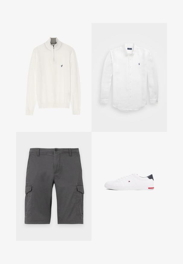 Pull blanc avec un col zippé gris, doté de manches longues et d'un petit logo d'oiseau bleu sur la poitrine. Texture douce et lisse.; Chemise blanche à manches longues en coton avec un col boutonné, affichant un petit logo marine sur la poitrine gauche et un système de fermeture classique par boutons.; Shorts cargo gris avec poches latérales, fabriqués en tissu durable, dotés d'une fermeture à bouton et de passants de ceinture. Texture lisse, design longueur genou.; Baskets basses blanches en cuir lisse. Dotées d'un talon en bleu marine et d'un accent rouge sur la semelle. Six œillets pour les lacets.