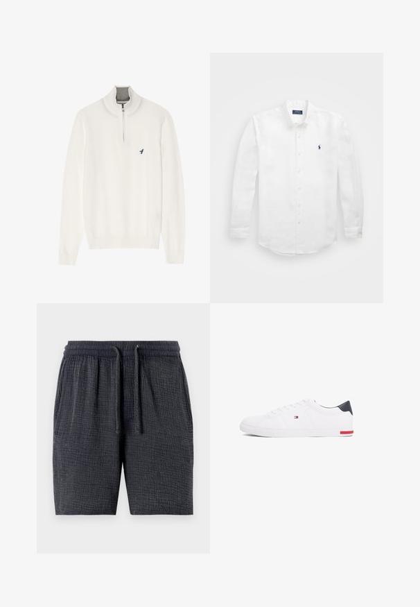 Bílý svetr s šedým zipem na límci, s dlouhými rukávy a malým modrým logem ptáčka na hrudi. Měkká, hladká textura.; Bílá košile s dlouhými rukávy vyrobená z bavlny, s límcem na knoflíky, obsahující malou námořnickou logo na levé části hrudi a klasickým zapínáním na knoflíky.; Tmavě šedé šortky vyrobené z texturované tkaniny, s elastickým pasem na stahovací šňůrku a bočními kapsami.; Bílé nízké tenisky vyrobené z hladké kůže. Mají tmavě modrý opatek a červený akcent na podrážce. Šest ok pro tkaničky.