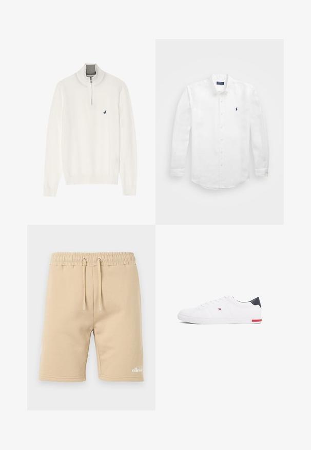 Sweater branco de pulôver com um colarinho cinza com zíper, apresentando mangas longas e um pequeno logo de um pássaro azul no peito. Textura suave e lisa.; Camisa branca de manga longa feita de algodão, com colarinho abotoado, apresentando um pequeno logótipo azul-marinho no lado esquerdo do peito e fecho clássico com botões.; Shorts de algodão bege com cintura elástica, detalhe de cordão e um pequeno logotipo branco no lado inferior esquerdo. Textura suave.; Sapatilhas brancas de cano baixo feitas de couro liso. Apresentam um bico azul-marinho e um detalhe vermelho na sola. Seis ilhoses para os atacadores.