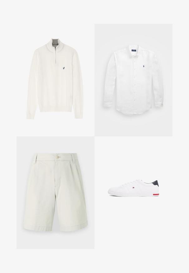 Pull blanc avec un col zippé gris, doté de manches longues et d'un petit logo d'oiseau bleu sur la poitrine. Texture douce et lisse.; Chemise blanche à manches longues en coton avec un col boutonné, affichant un petit logo marine sur la poitrine gauche et un système de fermeture classique par boutons.; Shorts en coton gris clair avec un devant plat, une fermeture à bouton, deux poches latérales et une coupe droite. Texture lisse, longueur au genou.; Baskets basses blanches en cuir lisse. Dotées d'un talon en bleu marine et d'un accent rouge sur la semelle. Six œillets pour les lacets.