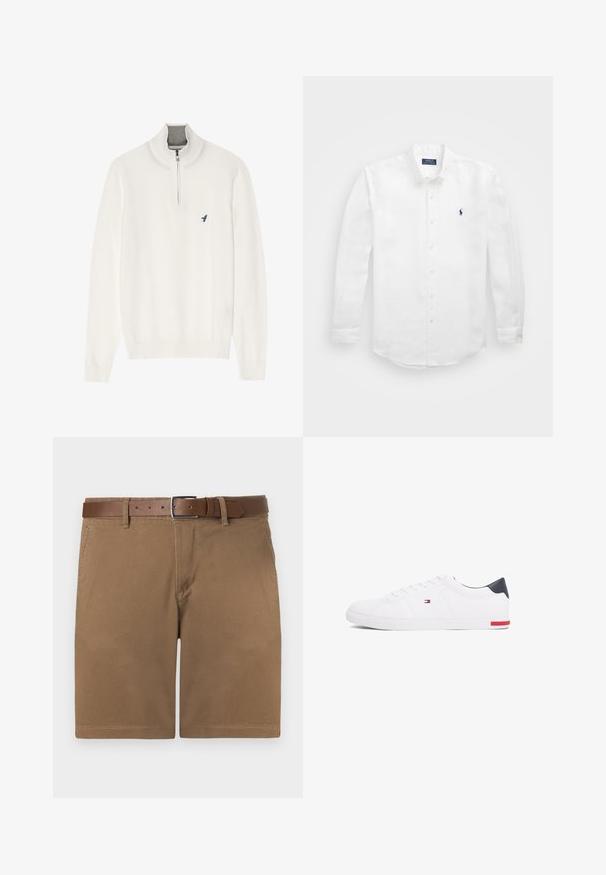 Pull blanc avec un col zippé gris, doté de manches longues et d'un petit logo d'oiseau bleu sur la poitrine. Texture douce et lisse.; Chemise blanche à manches longues en coton avec un col boutonné, affichant un petit logo marine sur la poitrine gauche et un système de fermeture classique par boutons.; Shorts en coton marron avec une surface texturée, dotés d'une ceinture en cuir marron avec une boucle en argent et d'une coupe droite classique.; Baskets basses blanches en cuir lisse. Dotées d'un talon en bleu marine et d'un accent rouge sur la semelle. Six œillets pour les lacets.