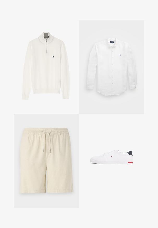 Biały sweter z długim rękawem, z szarym zamkiem przy kołnierzu, z małym logo niebieskiego ptaka na klatce piersiowej. Miękka, gładka tekstura.; Biała koszula z długim rękawem wykonana z bawełny, z kołnierzykiem na guziki, z małym granatowym logo na lewej piersi i klasycznym zapięciem na guziki.; Jasnobeżowe szorty wykonane z teksturowanej tkaniny. Posiadają elastyczny pas z troczkiem oraz boczne kieszenie. Klasyczny krój i swobodny styl.; Białe niskie tenisówki wykonane z gładkiej skóry. Posiadają granatowy zapiętek i czerwony akcent na podeszwie. Sześć oczek na sznurowadła.