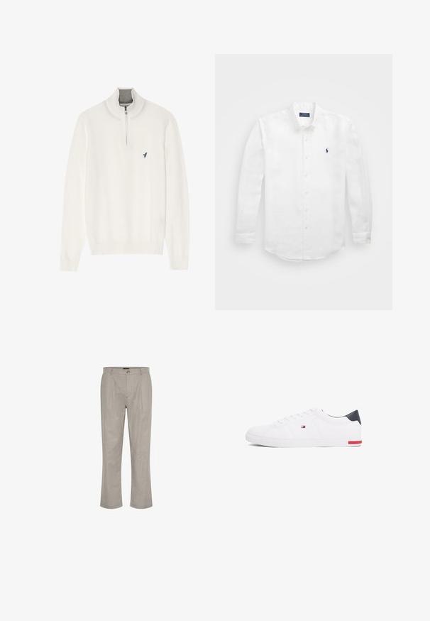 Valge kootud sviiter halli tõmbluku kaelusega, pikkade varrukatega ja väikese sinise linnu logoga rinnal. Pehme ja sile tekstuur.; Valge pikavarrukaga puuvillane särk, millel on nööpidega kaelus, vasakul rinnal väike tumesinine logo ja klassikaline nööpide sulgemine.; Heledad hallhallid linased püksid sirge lõikega, millel on üks nupp ja kaks esimest voldikut lisandina.; Valged madalad tennisetossud, mis on valmistatud siledast nahast. Contains sinine kannaosa ja punase aktsendi kummipohjal. Kuus silmust paelte jaoks.