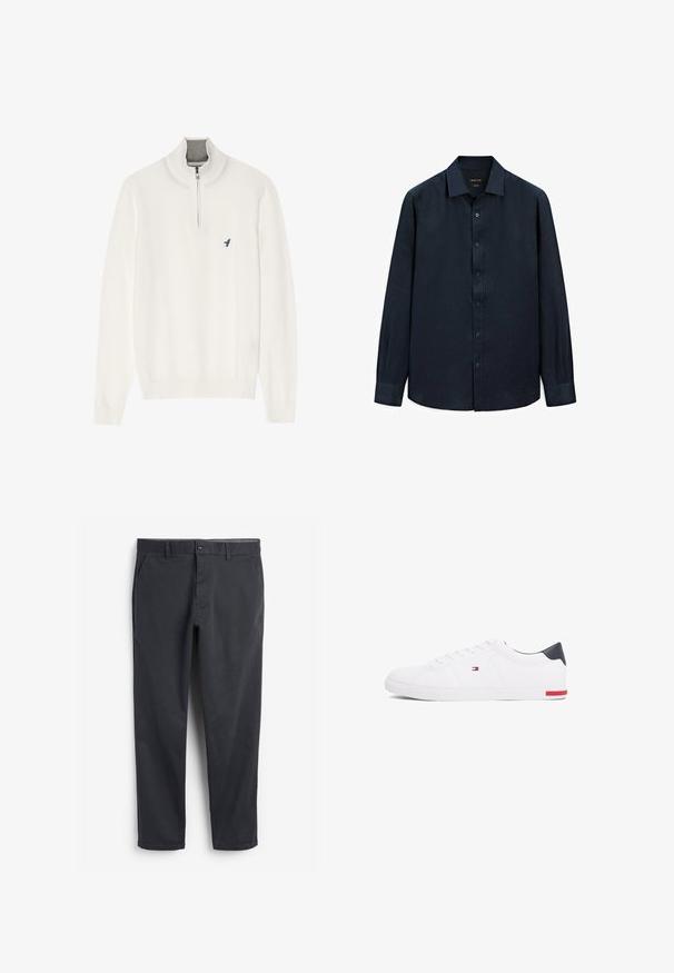 Maglione bianco con colletto grigio a zip, dotato di maniche lunghe e un piccolo logo di un uccellino blu sul petto. Texture morbida e liscia.; Camicia a maniche lunghe avanguardistica di colore blu navy realizzata in lino, con colletto a punta, pattina frontale e polsini. Presenta una texture sottile e un design leggero.; Chinos grigio scuro con fronte piatto, tasche laterali e chiusura con bottone. Tessuto di cotone liscio, design con gamba affusolata e stile minimalista.; Sneakers bianchi a punta bassa realizzati in pelle liscia. Presentano una tomaia blu navy sul tallone e un accento rosso sulla suola. Sei occhielli per i lacci.