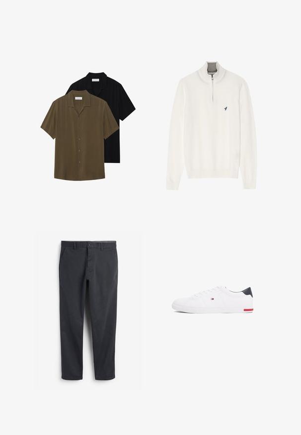 Maglione bianco con colletto grigio a zip, dotato di maniche lunghe e un piccolo logo di un uccellino blu sul petto. Texture morbida e liscia.; Camicie a manica corta con bottone in verde oliva e nero, caratterizzate da un tessuto liscio, orlo dritto e colletto a punta con una leggera lucentezza.; Chinos grigio scuro con fronte piatto, tasche laterali e chiusura con bottone. Tessuto di cotone liscio, design con gamba affusolata e stile minimalista.; Sneakers bianchi a punta bassa realizzati in pelle liscia. Presentano una tomaia blu navy sul tallone e un accento rosso sulla suola. Sei occhielli per i lacci.