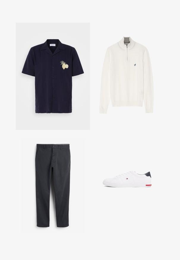 Suéter blanco de cuello con cremallera gris, con mangas largas y un pequeño logo de un pájaro azul en el pecho. Textura suave y lisa.; Camisa de manga corta en navy con patrón texturizado y rayas verticales. Presenta un diseño bordado de limón y lima en el lado izquierdo del pecho.; Chinos gris oscuro con frente plano, bolsillos laterales y cierre de botón. Tejido de algodón suave, diseño de pierna ajustada y estilo minimalista.; Zapatillas bajas blancas de piel suave. Presentan una capucha en el talón de color marino y un acento rojo en la suela. Seis ojales para los cordones.