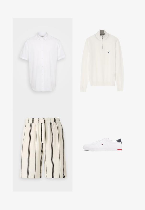 Hvit genser med grå glidelås i kragen, med lange ermer og en liten blå fuglelogo på brystet. Myk, glatt tekstur.; Hvit kortermet skjorte med knapp, laget av lett stoff. Har klassisk krage, rett fald og subtil tekstur.; Linenshorts med en kremfarget base og vertikale svarte striper, elastisk midjebånd og snøring. Løs passform, kne-lengde.; Hvite lave sneakers laget av glatt lær. Har en marineblå hælhette og en rød detalj på sålen. Seks hull til lisser.
