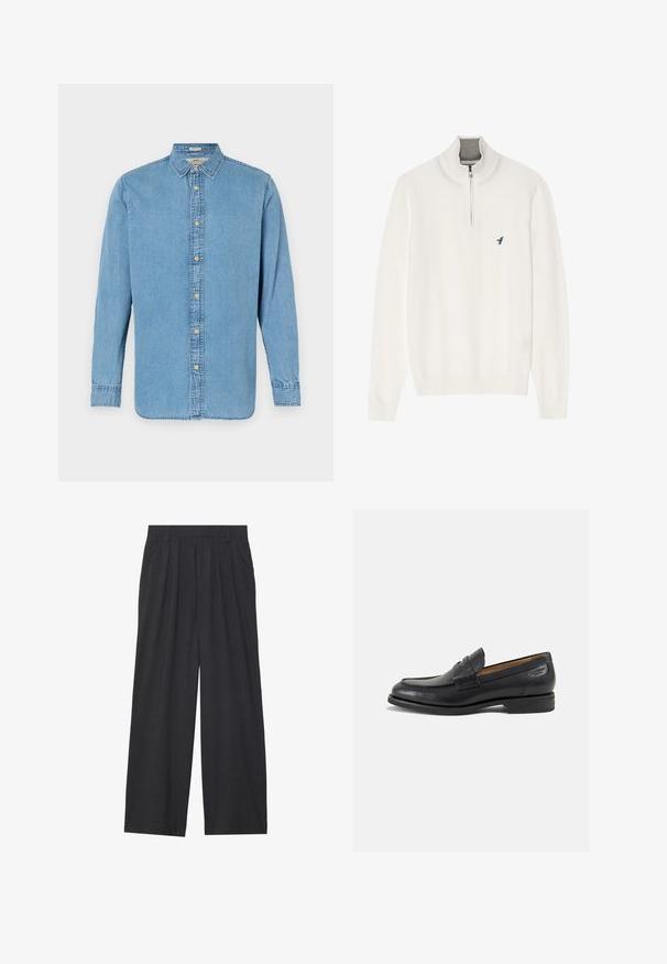 Pulover alb cu guler crem cu fermoar, cu mâneci lungi și un mic logo cu o pasăre albastră pe piept. Textură moale și netedă.; Cămașă din denim de culoare albastră deschisă, cu nasturi la față, mâneci lungi, guler clasic și tiv drept. Prezintă butoane de culoare aurie și cusături subtile.; Pantaloni largi dintr-un material gri închis. Prezintă pliuri la talie, un design ajustat și o siluetă dreaptă.; Mocasini din piele neagră cu o finisare netedă, vârf rotund și cusături decorative pe partea superioară. Toc mic și stivuit, cu o ușoară strălucire.