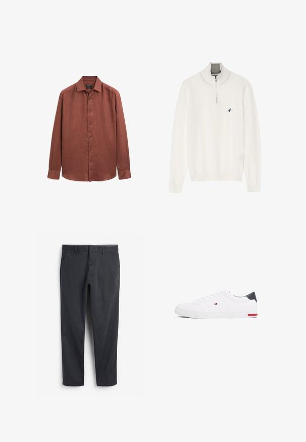 Maglione bianco con colletto grigio a zip, dotato di maniche lunghe e un piccolo logo di un uccellino blu sul petto. Texture morbida e liscia.; Camicia a maniche lunghe in lino color ruggine, con apertura a bottoni frontale, colletto classico e polsini semplici. Tessuto liscio con una leggera lucentezza.; Chinos grigio scuro con fronte piatto, tasche laterali e chiusura con bottone. Tessuto di cotone liscio, design con gamba affusolata e stile minimalista.; Sneakers bianchi a punta bassa realizzati in pelle liscia. Presentano una tomaia blu navy sul tallone e un accento rosso sulla suola. Sei occhielli per i lacci.