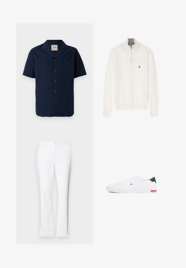 Biały sweter z długim rękawem, z szarym zamkiem przy kołnierzu, z małym logo niebieskiego ptaka na klatce piersiowej. Miękka, gładka tekstura.; Granatowa koszula z krótkim rękawem z teksturowanym wzorem, z zapięciem na guziki i jedną kieszenią na piersi. Materiał wydaje się lekki i przewiewny.; Białe bawełniane spodnie o prostym kroju, z przednimi kieszeniami, pojedynczym zapięciem na guzik oraz gładką fakturą.; Białe niskie tenisówki wykonane z gładkiej skóry. Posiadają granatowy zapiętek i czerwony akcent na podeszwie. Sześć oczek na sznurowadła.