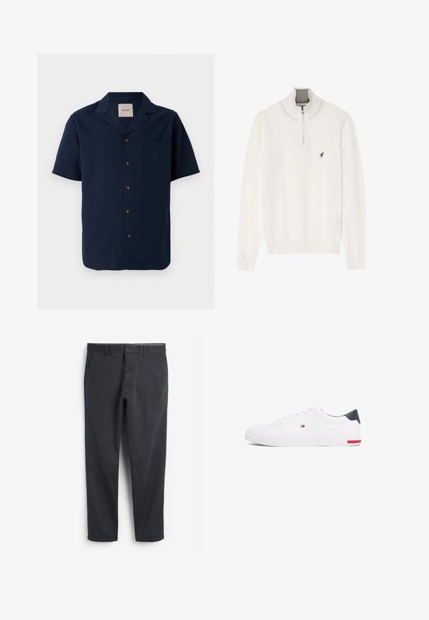 Balts svītrojums ar pelēku rāvējslēdzēja apkakli, ar garām piedurknēm un mazu zilu putnu logo uz krūtīm. Mīksta, gluda tekstūra.; Jūras spēku īsām piedurknēm kreklu ar teksturētu rakstu, pogu aizdari un vienu krūšu kabatu. Materiāls izskatās viegls un elpojošs.; Tumši pelēki chinos ar plakanu priekšpusi, sānu kabatām un pogu aizdari. Gluda kokvilnas auduma, sašaurināta kāju dizains un minimālisma stils.; Baltas zemu topu sporta apavus, kas izgatavoti no gludas ādas. Satura tumši zilu papēža daļu un sarkanu akcentu uz zoles. Seši caurumi šņorēm.