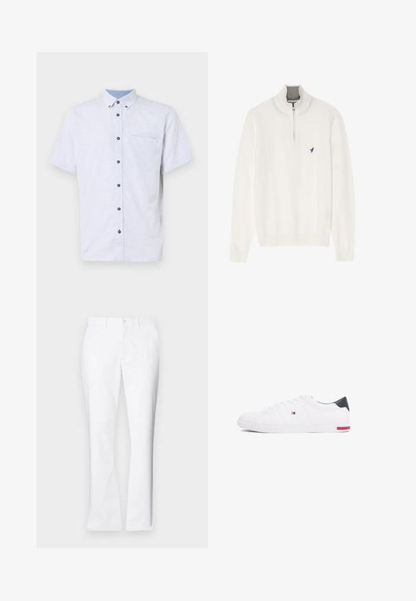 Witte pullover trui met een grijze ritskraag, met lange mouwen en een klein blauw vogel logo op de borst. Zachte, gladde textuur.; Korte mouwen overhemd in het wit met een marineblauw geometrisch patroon, contrasterende kraag en een enkele borstzak met zwarte knopen.; Witte katoenen broek met een recht model, voorkwasten, een enkele knoopsluiting en een gladde textuur.; Witte lage sneakers gemaakt van glad leer. Beschikt over een marineblauwe hielkap en een rode accent op de zool. Zes oogjes voor veters.