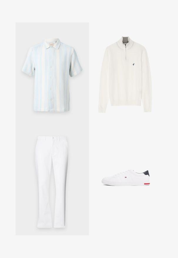 Baltas megztinis su pilku užtrauktuku ant kaklo, ilgomis rankovėmis ir mažuoju mėlynu paukščio logotipu ant krūtinės. Minkšta, lygi tekstūra.; Šviesiai mėlyna ir kreminės spalvos trumpomis rankovėmis marškiniai su mygtukais, pasižymintys tekstūruotu audiniu su vertikaliomis juostelėmis ir apykakle.; Balti medvilniniai kelnių su tiesiu pjūviu, priekinėmis kišenėmis, vieno mygtuko uždarymu ir lygiu paviršiumi.; Balti žemi kedai, pagaminti iš lygios odos. Yra tamsiai mėlynas kulno užsegimas ir raudona detalė ant pado. Šešios skylutės raišteliams.