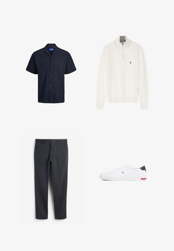 Pulover alb cu guler crem cu fermoar, cu mâneci lungi și un mic logo cu o pasăre albastră pe piept. Textură moale și netedă.; Jack & Jones Cămașă - sky captain; Chino de culoare gri închis, cu față plată, buzunare laterale și închidere cu nasture. Material din bumbac neted, design cu picior tapered și stil minimalist.; Adidași albi cu vârf jos, din piele netedă. Prezintă un toc albastru marine și un accent roșu pe talpă. Șase gauri pentru șireturi.