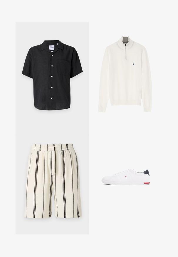 Witte pullover trui met een grijze ritskraag, met lange mouwen en een klein blauw vogel logo op de borst. Zachte, gladde textuur.; Zwarte korte-mouwen overhemd met knopen, gemaakt van linnen. Bevat een zak op de linkerborst en witte knopen die contrasteren met de textuur van de stof.; Linnen shorts met een crèmekleurige basis en verticale zwarte strepen, elastische tailleband en trekkoord. Ontspannen pasvorm, knielang.; Witte lage sneakers gemaakt van glad leer. Beschikt over een marineblauwe hielkap en een rode accent op de zool. Zes oogjes voor veters.