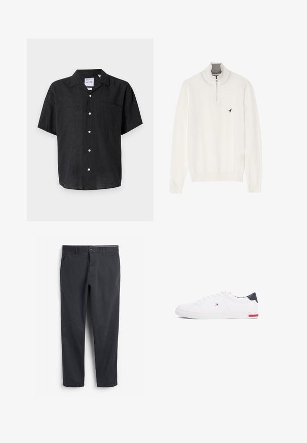 Baltas megztinis su pilku užtrauktuku ant kaklo, ilgomis rankovėmis ir mažuoju mėlynu paukščio logotipu ant krūtinės. Minkšta, lygi tekstūra.; Juodas trumpas rankovės marškiniai su mygtukais, pagaminti iš lino. Juose yra kišenė kairėje krūtinės pusėje ir balti mygtukai, kontrastuojantys su audinio tekstūra.; Tamsiai pilki chinos tipo kelnės su lygiu priekiu, šoninėmis kišenėmis ir mygtuko uždarymu. Lygus medvilnės audinys, siaurėjantis kojos dizainas ir minimalistiškas stilius.; Balti žemi kedai, pagaminti iš lygios odos. Yra tamsiai mėlynas kulno užsegimas ir raudona detalė ant pado. Šešios skylutės raišteliams.