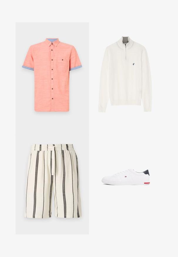 Witte pullover trui met een grijze ritskraag, met lange mouwen en een klein blauw vogel logo op de borst. Zachte, gladde textuur.; Korte mouwen button-up shirt in koraal, met een blauwe kraag en manchetten, voorzien van een patchzak en bruine knopen. Geweven stof.; Linnen shorts met een crèmekleurige basis en verticale zwarte strepen, elastische tailleband en trekkoord. Ontspannen pasvorm, knielang.; Witte lage sneakers gemaakt van glad leer. Beschikt over een marineblauwe hielkap en een rode accent op de zool. Zes oogjes voor veters.