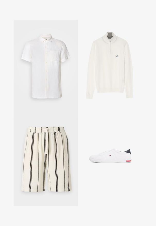 Bela pulover jopica z sivo zadrgo na ovratniku, dolgimi rokavi in majhnim modrim ptičem logotipom na prsih. Mehak, gladek material.; Scotch & Soda CORE SHIRT - Srajca - off white; Lanene kratke hlače z osnovno krem barvo in vertikalnimi črnimi črtami, elastični pas in vrvica. Ohlapen kroj, dolžina do kolen.; Beli nizki športni čevlji iz gladkega usnja. Imajo mornarsko modro zaščito na peti in rdeč poudarek na podplatu. Šest lukenj za vezalke.