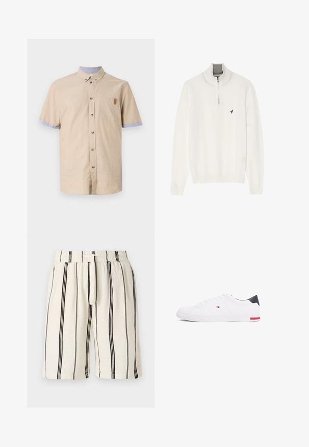 Valkoinen villapusero harmaalla vetoketjukauluksella, jossa on pitkät hihat ja pieni sininen linnunlogo rinnassa. Pehmeä, sileä rakenne.; Valkoinen lyhythihainen napillinen paita beigestä pellavasta, sinisillä yksityiskohdilla hihoissa. Sisältää rintataskun ja ruskeat napit. Tasainen pinta.; Lakanhousut, joissa on vaaleankerman värinen pohja ja pystysuorat mustat raidat, joustava vyötärö ja nauha. Rentomallinen muotoilu, polvimittaiset.; Valkoiset matalat tennarit, joissa on sileä nahka. Ominaisuuksiin kuuluu laivastonsininen kantapää ja punainen yksityiskohta pohjassa. Kuusi reikää nauhoille.