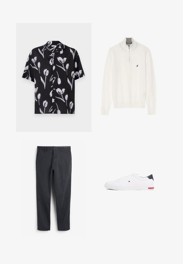 Baltas megztinis su pilku užtrauktuku ant kaklo, ilgomis rankovėmis ir mažuoju mėlynu paukščio logotipu ant krūtinės. Minkšta, lygi tekstūra.; Juoda marškinėlių su trumpomis rankovėmis su baltos tulpių spauda, turintys sagčių užsegimą ir laisvą siluetą. Pagaminti iš lengvos medžiagos su glotnia tekstūra.; Tamsiai pilki chinos tipo kelnės su lygiu priekiu, šoninėmis kišenėmis ir mygtuko uždarymu. Lygus medvilnės audinys, siaurėjantis kojos dizainas ir minimalistiškas stilius.; Balti žemi kedai, pagaminti iš lygios odos. Yra tamsiai mėlynas kulno užsegimas ir raudona detalė ant pado. Šešios skylutės raišteliams.