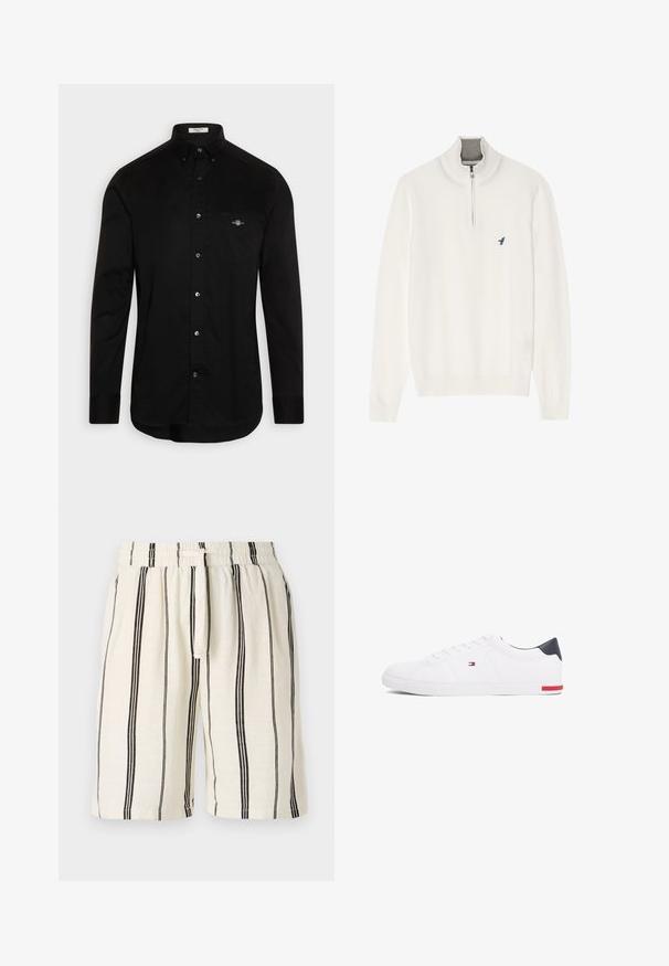 Bílý svetr s šedým zipem na límci, s dlouhými rukávy a malým modrým logem ptáčka na hrudi. Měkká, hladká textura.; Černá košile na knoflíky z bavlny, s špičatým límcem, dlouhými rukávy a náprsní kapsou s malým logem vyšitým v barvě.; Lněné šortky s krémovým podkladem a vertikálními černými pruhy, s elastickým pasem a šňůrkou. Uvolněný střih, délka po kolena.; Bílé nízké tenisky vyrobené z hladké kůže. Mají tmavě modrý opatek a červený akcent na podrážce. Šest ok pro tkaničky.