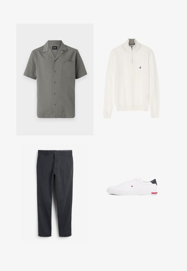 Bijela pulover majica sivi zip ovratnik, s dugim rukavima i malim plavim pticom logotipom na prsima. Mekana, glatka tekstura.; Siva košulja kratkih rukava od teksturirane tkanine, s oštrim ovratnikom, džepom na prsima i tamnim gumbima koji se protežu niz prednju stranu.; Tamno sivi chinos hlače s ravnim prednjim dijelom, bočnim džepovima i kopčanjem na dugme. Glatka pamučna tkanina, dizajn suženih nogavica i minimalistički stil.; Bijele niske tenisice od glatke kože. Imaju mornarsko plavi kapica na peti i crvenu akciju na potplatu. Šest rupica za vezivanje.