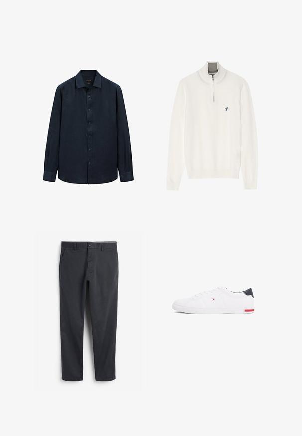 Bílý svetr s šedým zipem na límci, s dlouhými rukávy a malým modrým logem ptáčka na hrudi. Měkká, hladká textura.; Námořnická košile s dlouhým rukávem vyrobená z lnu, s límečkem na knoflíky, přední légou a manžetami. Obsahuje jemnou texturu a lehký design.; Tmavě šedé chinos kalhoty s plochým předním dílem, bočními kapsami a zapínáním na knoflík. Hladká bavlněná tkanina, zúžený střih nohavic a minimalistický styl.; Bílé nízké tenisky vyrobené z hladké kůže. Mají tmavě modrý opatek a červený akcent na podrážce. Šest ok pro tkaničky.