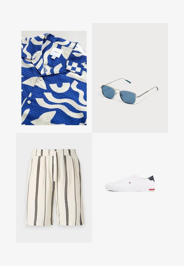 Weißer Pullover mit grauem Reißverschlusskragen, langen Ärmeln und einem kleinen blauen Vogel-Logo auf der Brust. Weiche, glatte Textur.; Kurzes Baumwollhemd aus gewebtem Stoff mit blau-weißem abstraktem Muster, klassischem Kragen und einer einzelnen Knopföffnung auf der Vorderseite.; Leinen-Shorts mit cremefarbener Basis und vertikalen schwarzen Streifen, elastischem Bund und Kordelzug. Entspannter Schnitt, knielang.; Weißes Low-Top-Sneaker aus glattem Leder. Mit einem marineblauen Fersenstück und einem roten Akzent an der Sohle. Sechs Ösen für die Schnürsenkel.; Sonnenbrille mit einem silbernen Metallrahmen, rechteckigen blauen Gläsern und dünnen Bügeln. Verfügt über blaue Akzente an den Bügelspitzen.