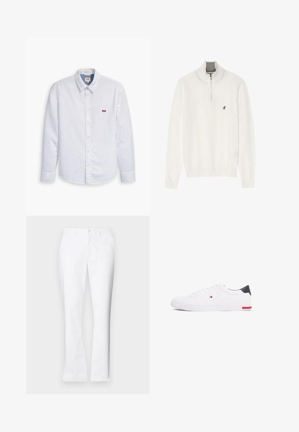 Fehér pulóver, szürke cipzáras gallérral, hosszú ujjakkal és egy kis kék madár logóval a mellkasán. Puha, sima textúra.; Fehér, hosszú ujjú, gombos ing pamutból. Hegyes gallérral rendelkezik, és a bal mellen egy kis piros Levi's logó található. Simító textúrájú.; Fehér pamut nadrág egyenes szabású, elülső zsebekkel, egy gombos záródással és sima textúrával.; Fehér alacsony szárú sneaker sima bőrből. Tengerészkék sarokvédővel és piros díszítéssel a talpon. Hat fűzőlyuk a fűzők számára.