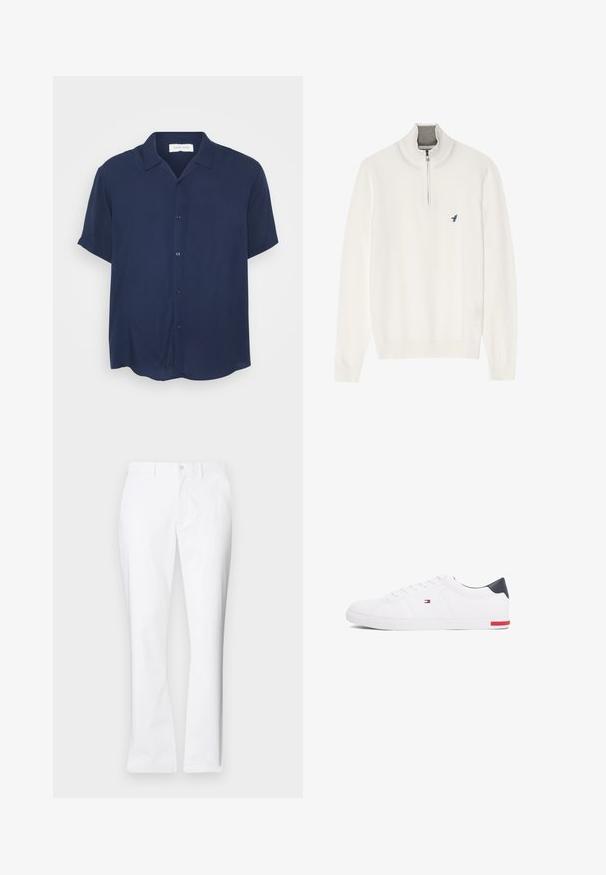 Bela pulover jopica z sivo zadrgo na ovratniku, dolgimi rokavi in majhnim modrim ptičem logotipom na prsih. Mehak, gladek material.; Modra kratka majica z dolgimi rokavi iz gladkega materiala, z gumbom na sprednji strani, ovratnikom in ukrivljenim robom.; Beli bombažni hlače s ravnim krojem, sprednjimi žepi, z enim gumbom in gladko teksturo.; Beli nizki športni čevlji iz gladkega usnja. Imajo mornarsko modro zaščito na peti in rdeč poudarek na podplatu. Šest lukenj za vezalke.